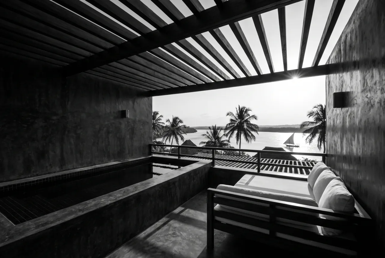 Rooftop Penthouse at Black Groove Lounge — private plunge pool and pergola terrace above Kilifi Creek, black and white photograph