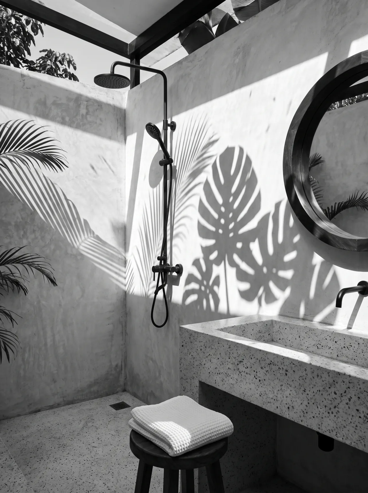 Open-air terrazzo bathroom with sharp palm shadows