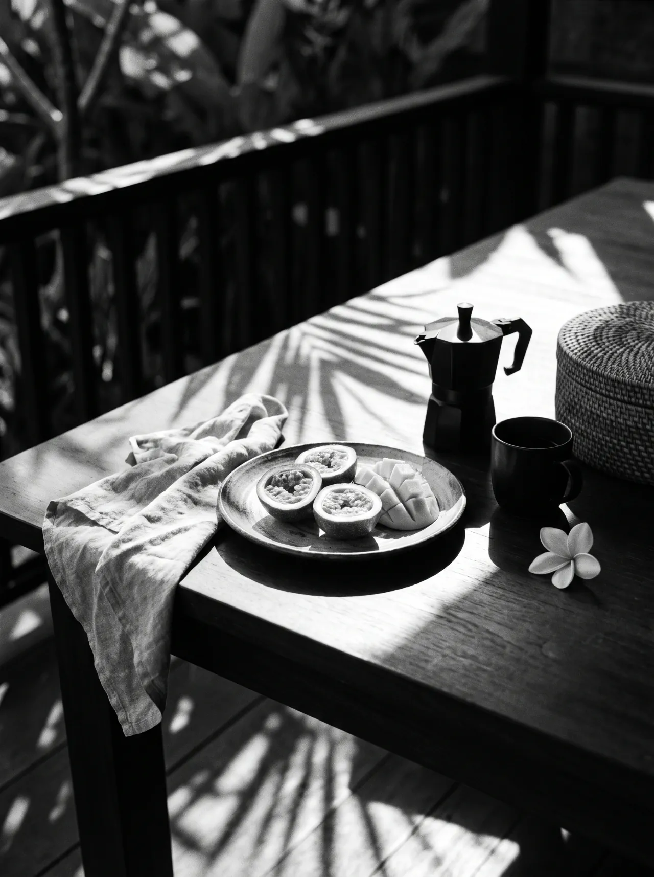 Breakfast of tropical fruit and Kenyan coffee on a shaded veranda